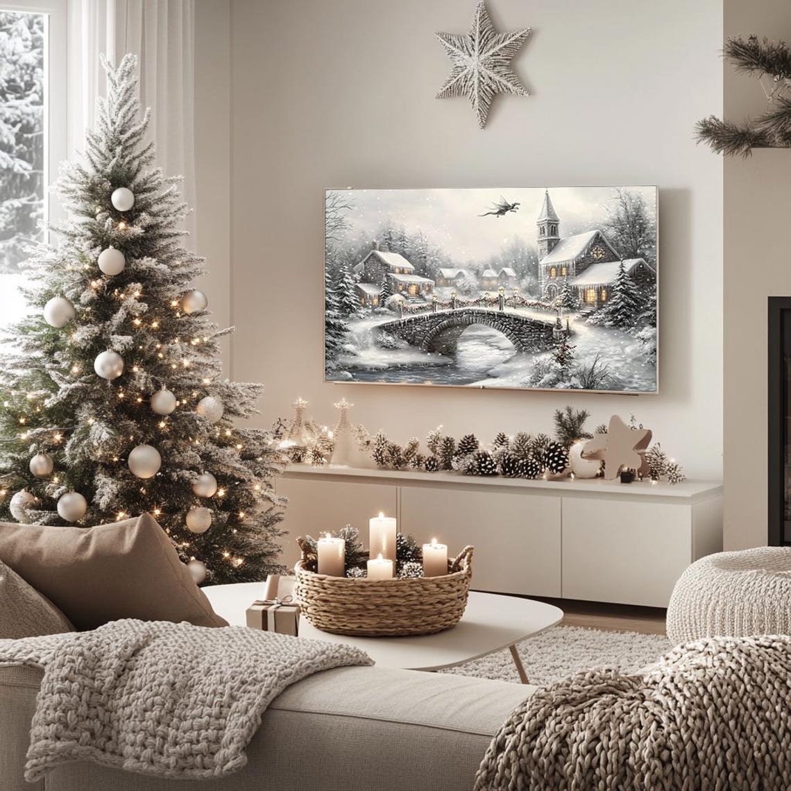 Enchanted Winter Village Stone Bridge Church Snow Scene Poster - Image 5