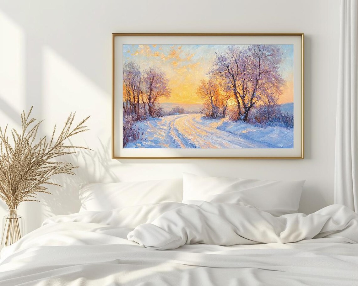 Winter Sunset Landscape Snowy Road Golden Oil Painting Holiday Poster - Image 2