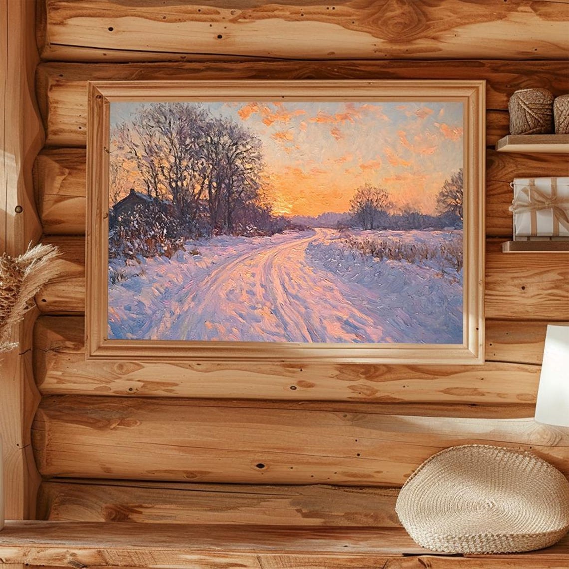 Snowy Winter Sunset Landscape Impressionist Oil Painting Poster - Image 4