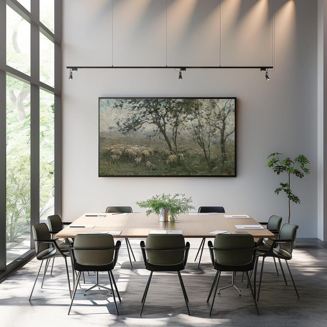 Sheep Flock Under Trees Misty Vintage Pastoral Oil Painting Poster - Image 3