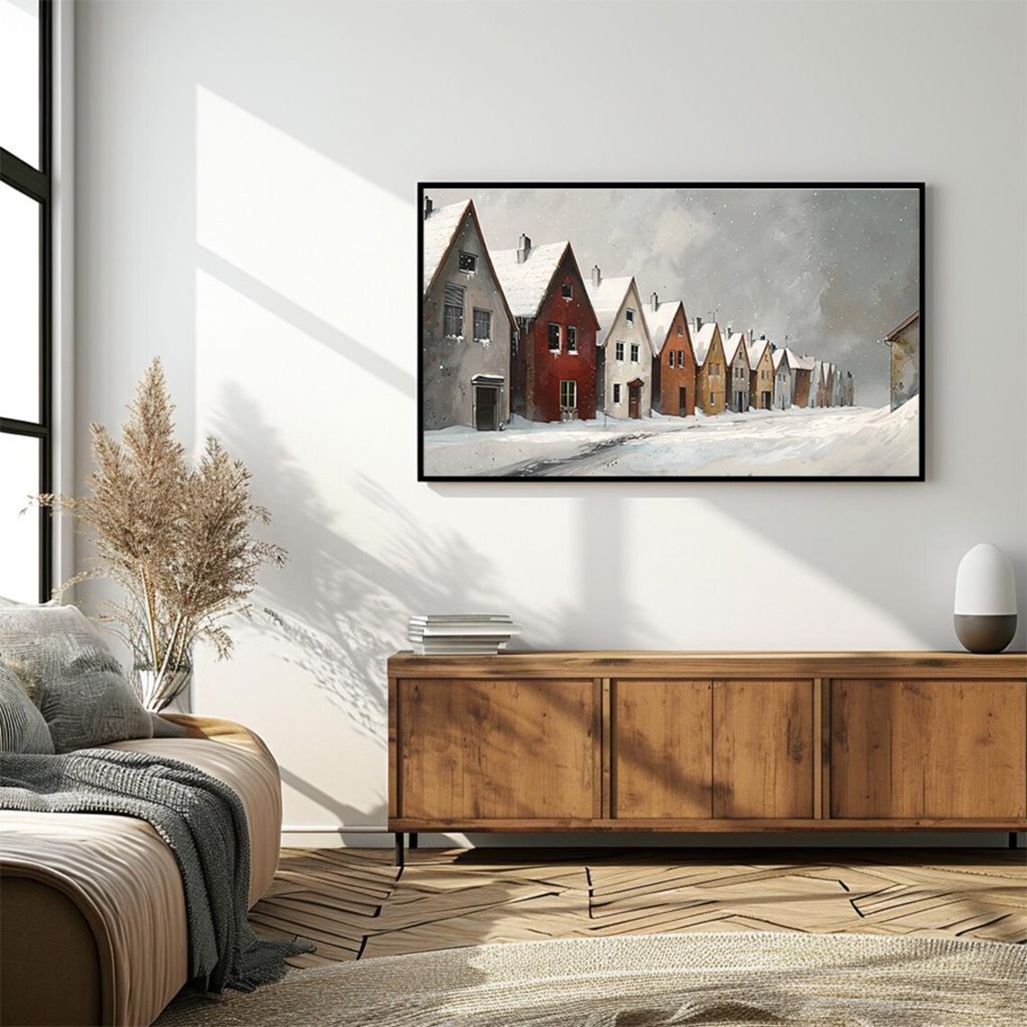Calm Snow Covered Village Street Winter Morning Painting Poster - Image 4