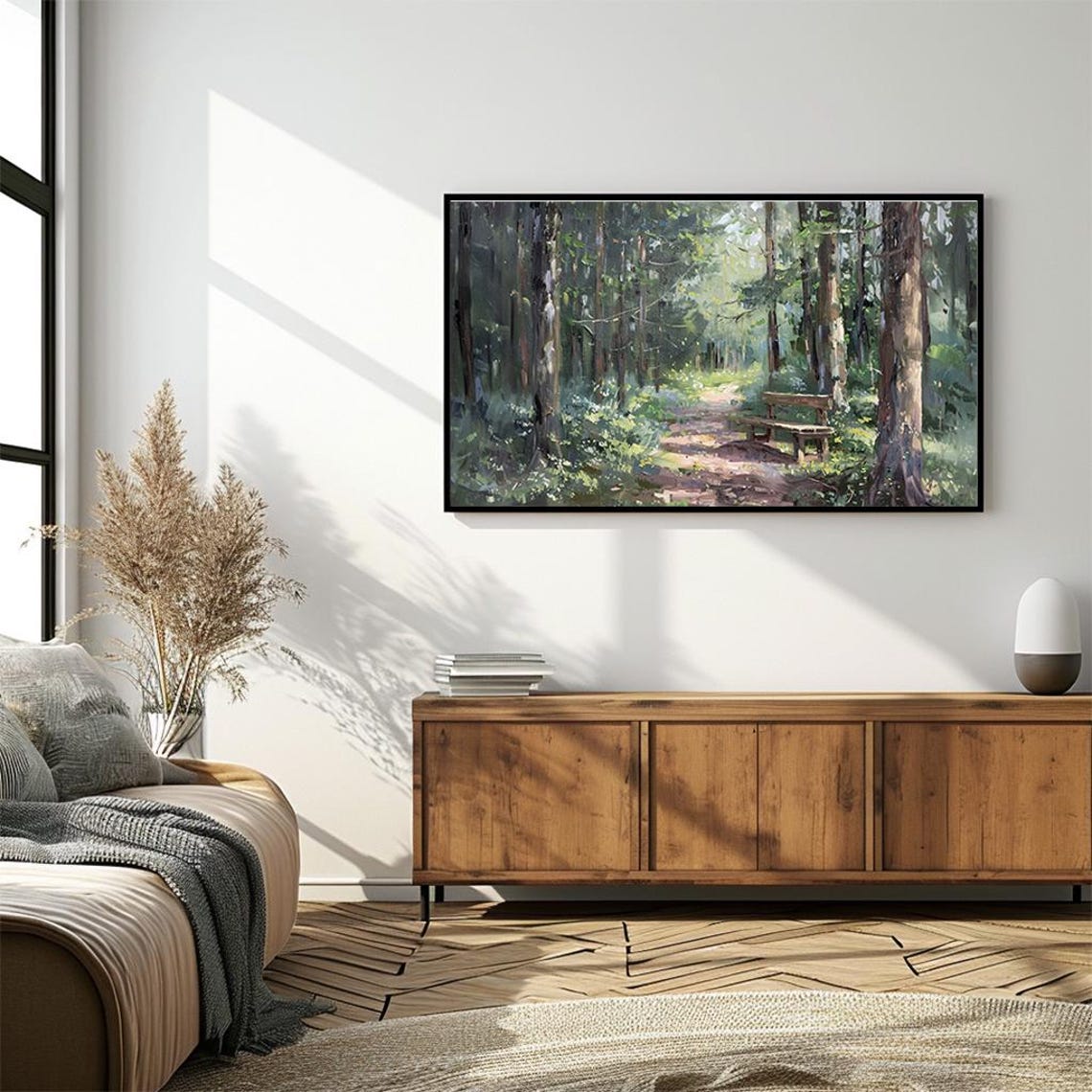 Sunlit Forest Path with Wooden Bench Impressionist Art Poster - Image 4