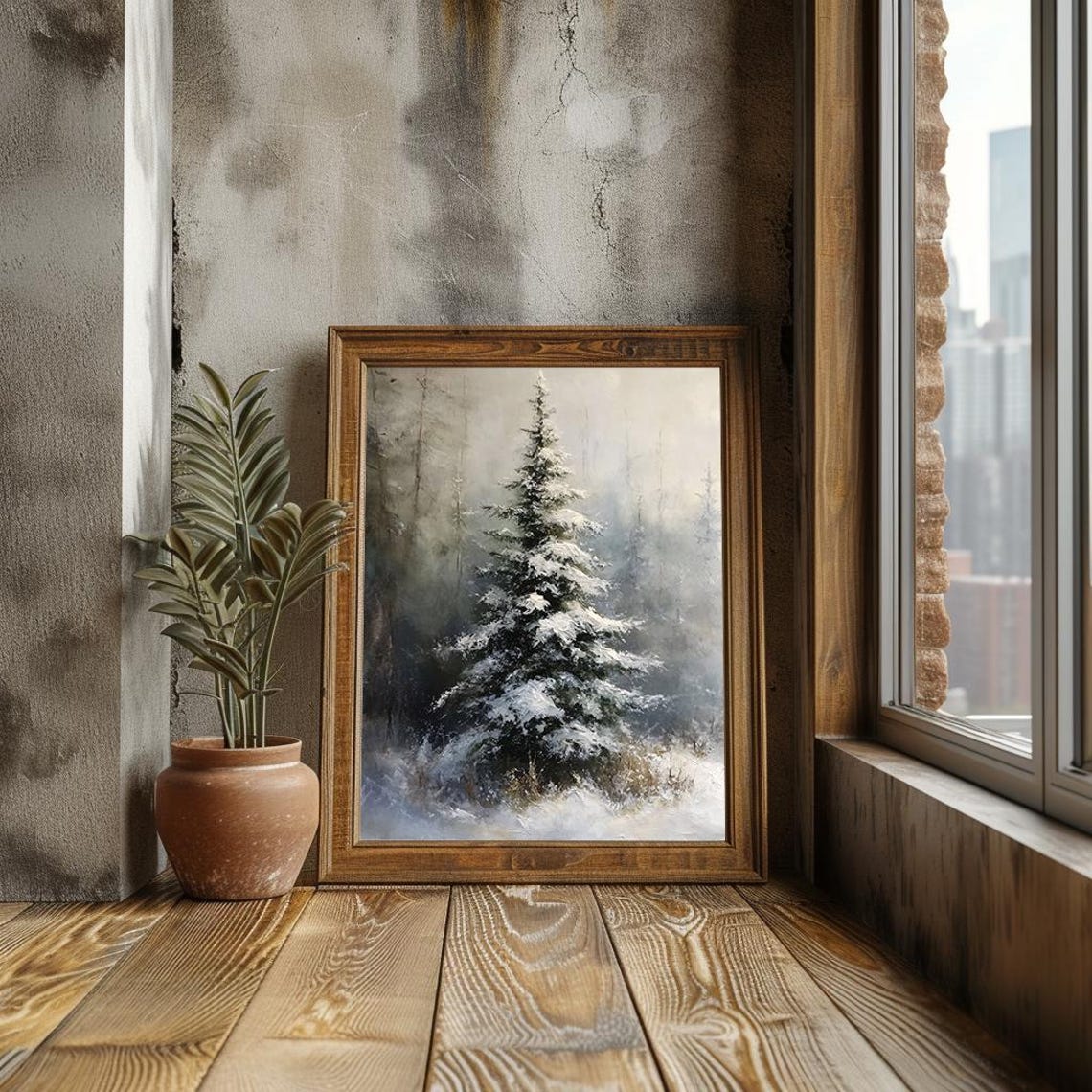 Snowy Pine Tree in Misty Winter Forest Oil Painting Christmas Poster - Image 2