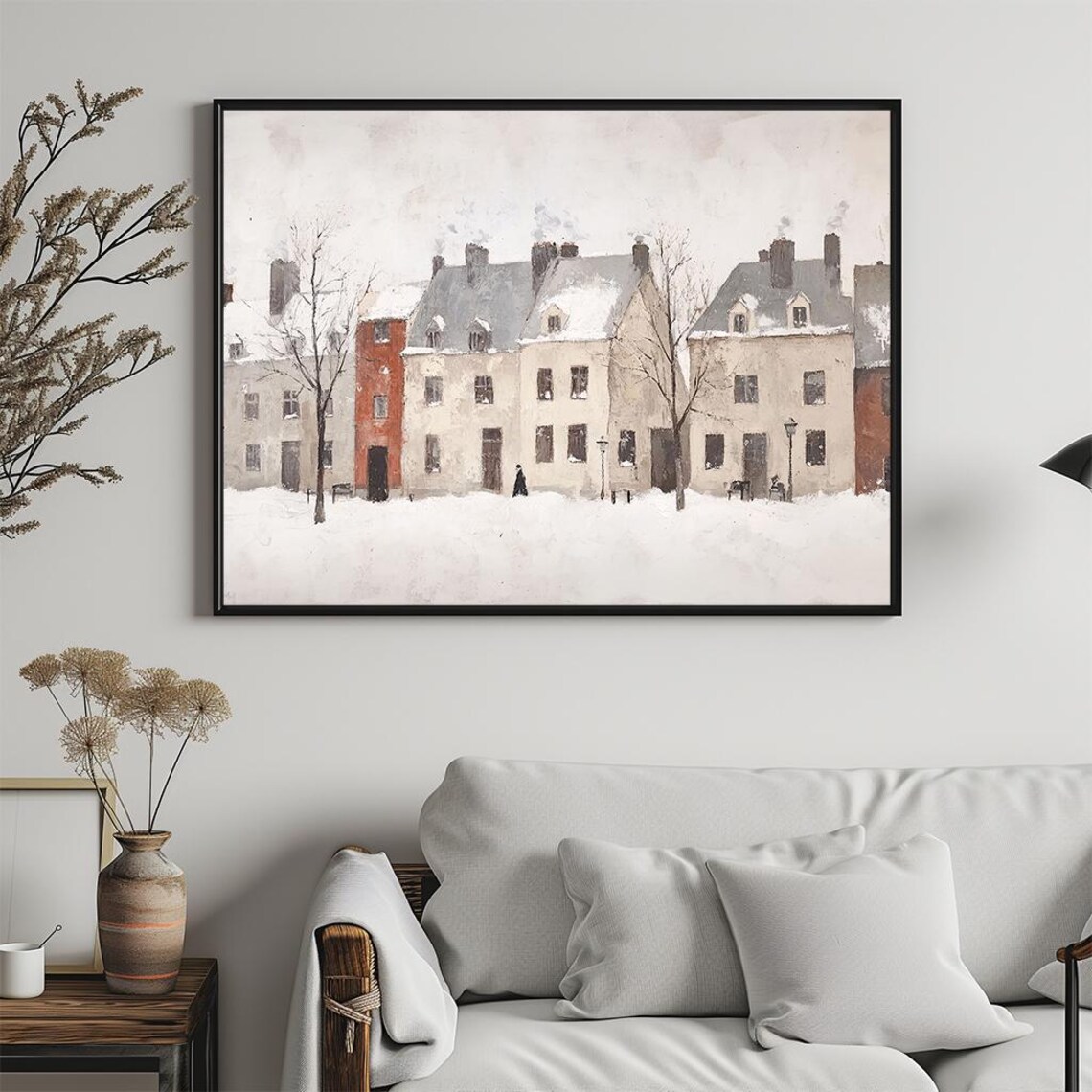 Snowy Village Street with Row Houses Cozy Winter Folk Art Poster - Image 5