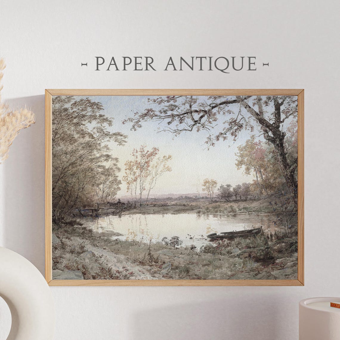 Serene Riverbank Watercolor Trees Canoe Peaceful Morning Poster
