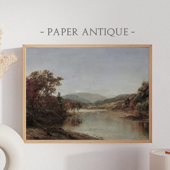 Mountain River Autumn Trees Calm Water Scenic Painting Poster