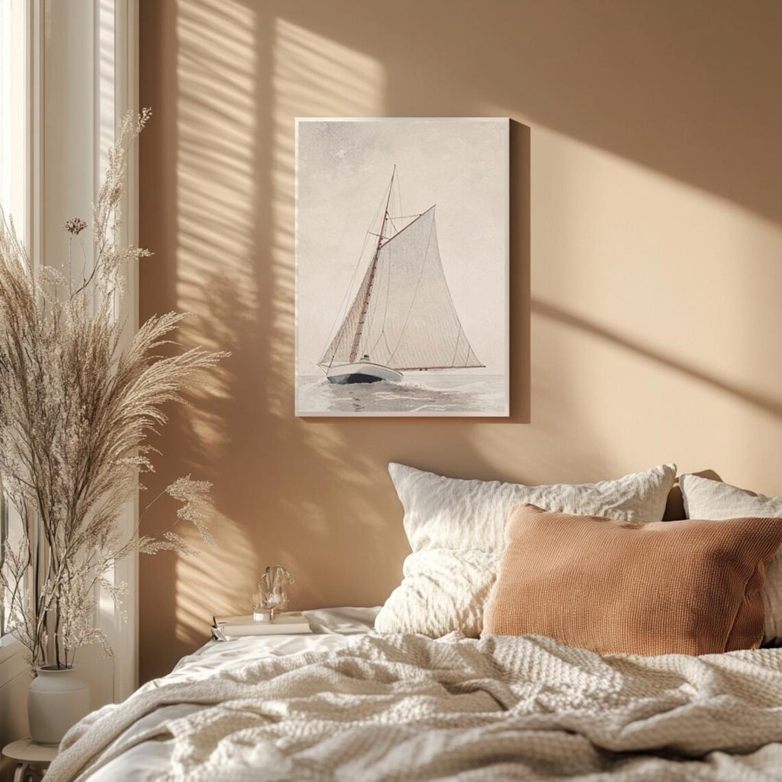 Single Sailboat On Calm Water Minimalist Sepia Watercolor Poster - Image 2