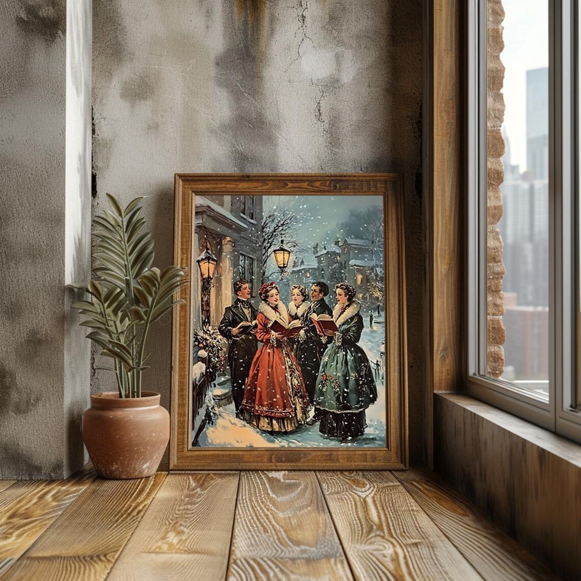 Victorian Christmas Carolers Singing in Snow Lamp Lit Street Poster - Image 3