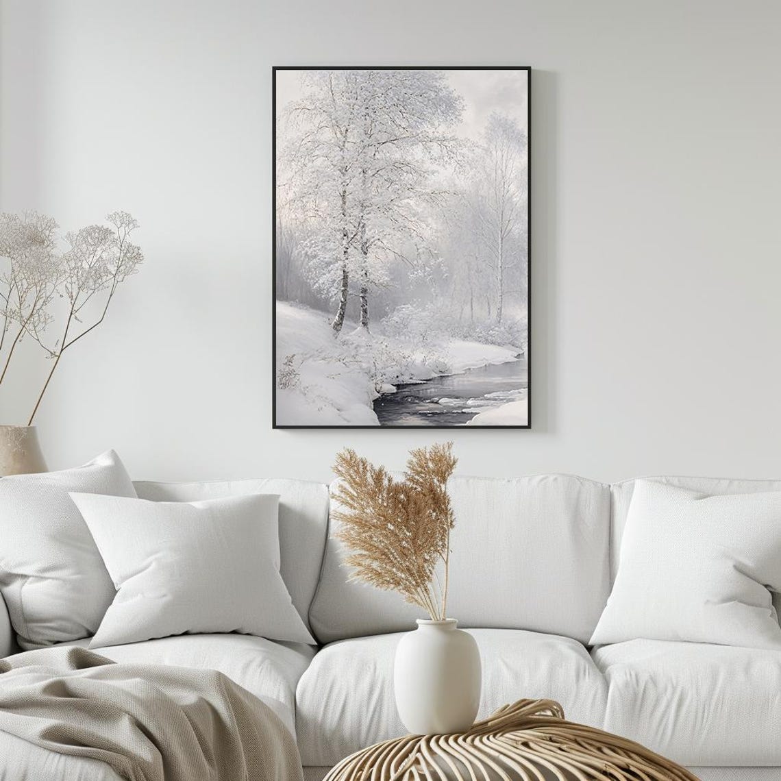 Serene Winter Landscape Snowy Trees and Stream Painting Poster - Image 5