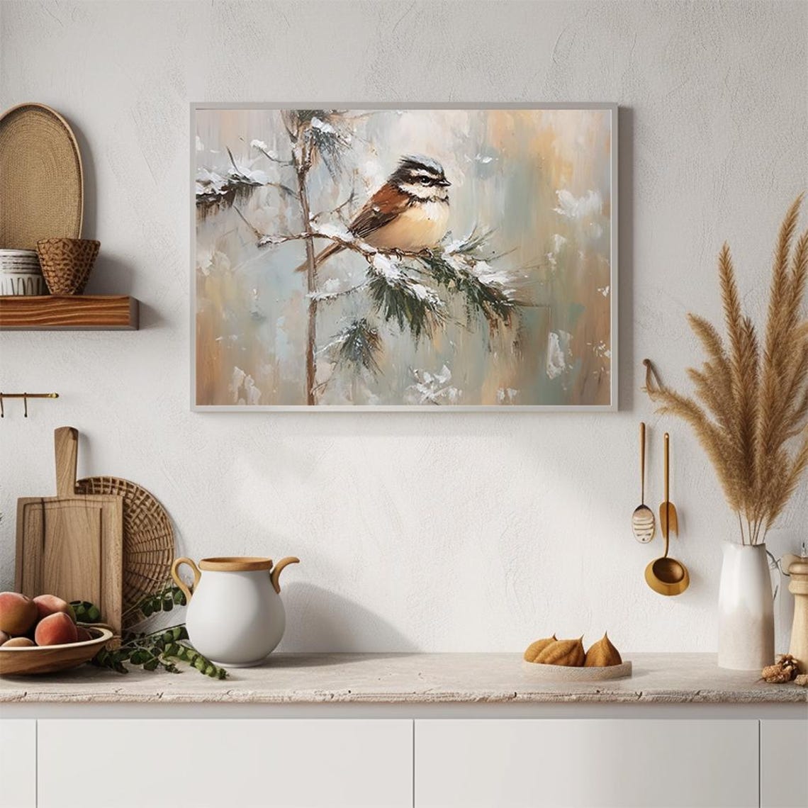 Small Songbird Resting on Snowy Pine Branch Soft Winter Art Poster - Image 4