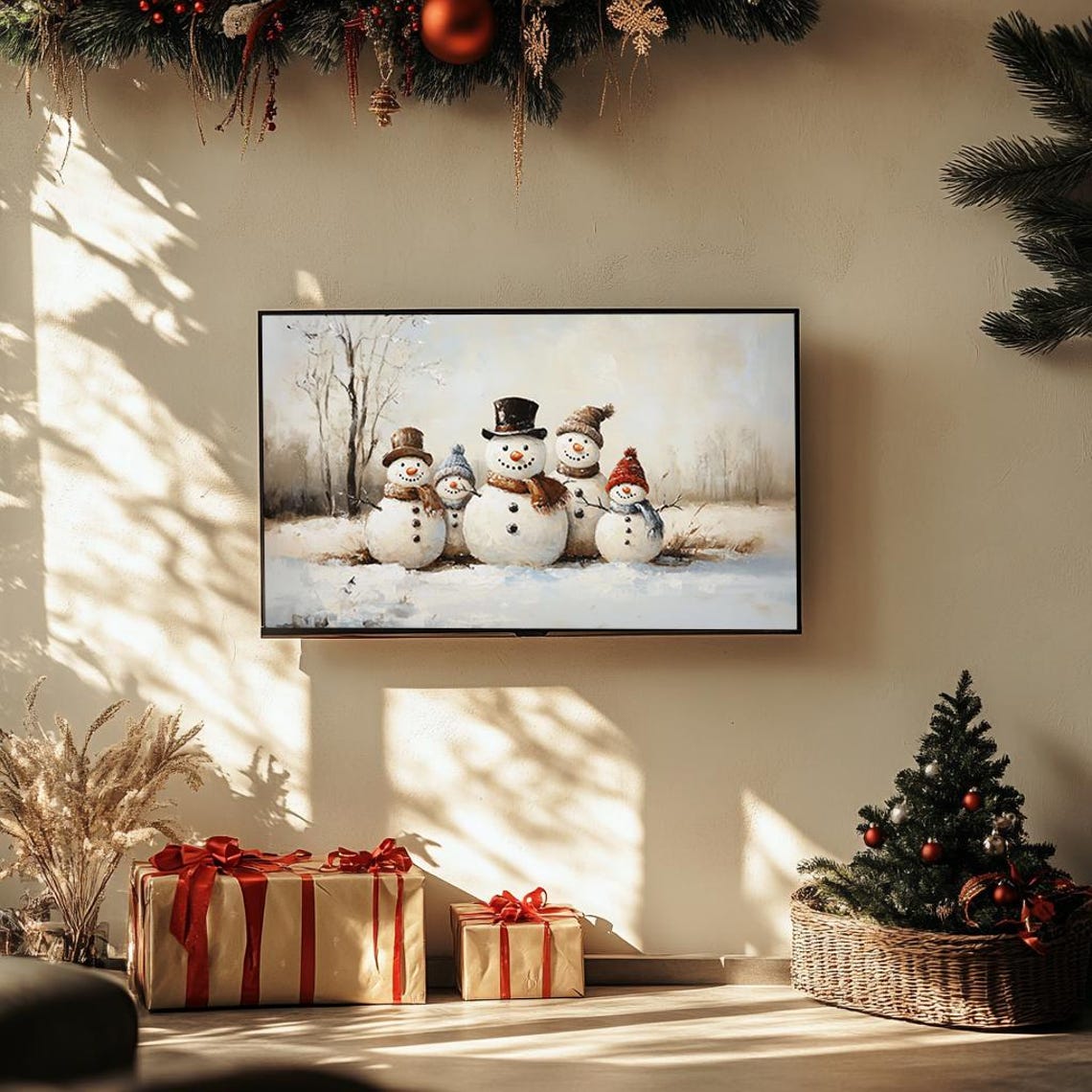 Frame Tv Art Family Of Snowmen In Winter Snowy Landscape Charming Holiday Painting Rustic Christmas Scene Art For Frame Tv Vintage - Image 3