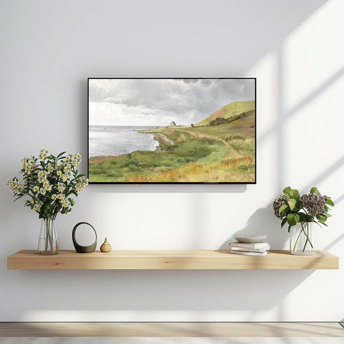 Coastal Bay Green Hills Vintage Seaside Landscape Oil Painting Poster - Image 2