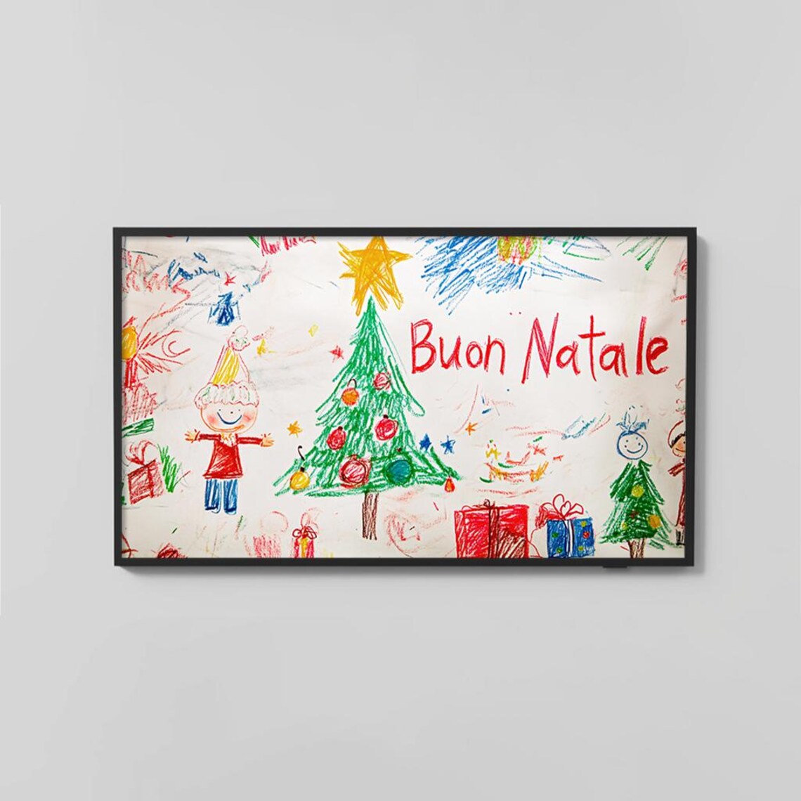 Buon Natale Kids Crayon Drawing Christmas Tree Festive Holiday Poster - Image 2