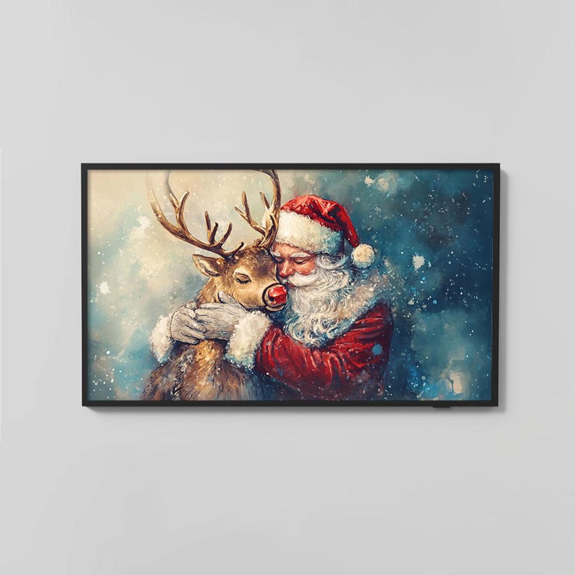 Santa Hugging Rudolph Heartwarming Christmas Painting Poster - Image 2