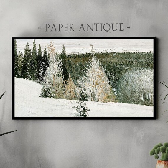 Snowy Winter Pine Forest Vintage Cold Landscape Oil Painting Poster