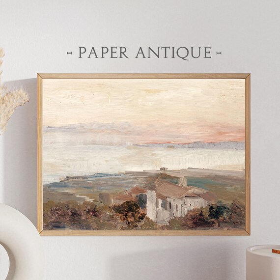Coastal Village Rooftops Sunset Pastel Seascape Oil Painting Poster
