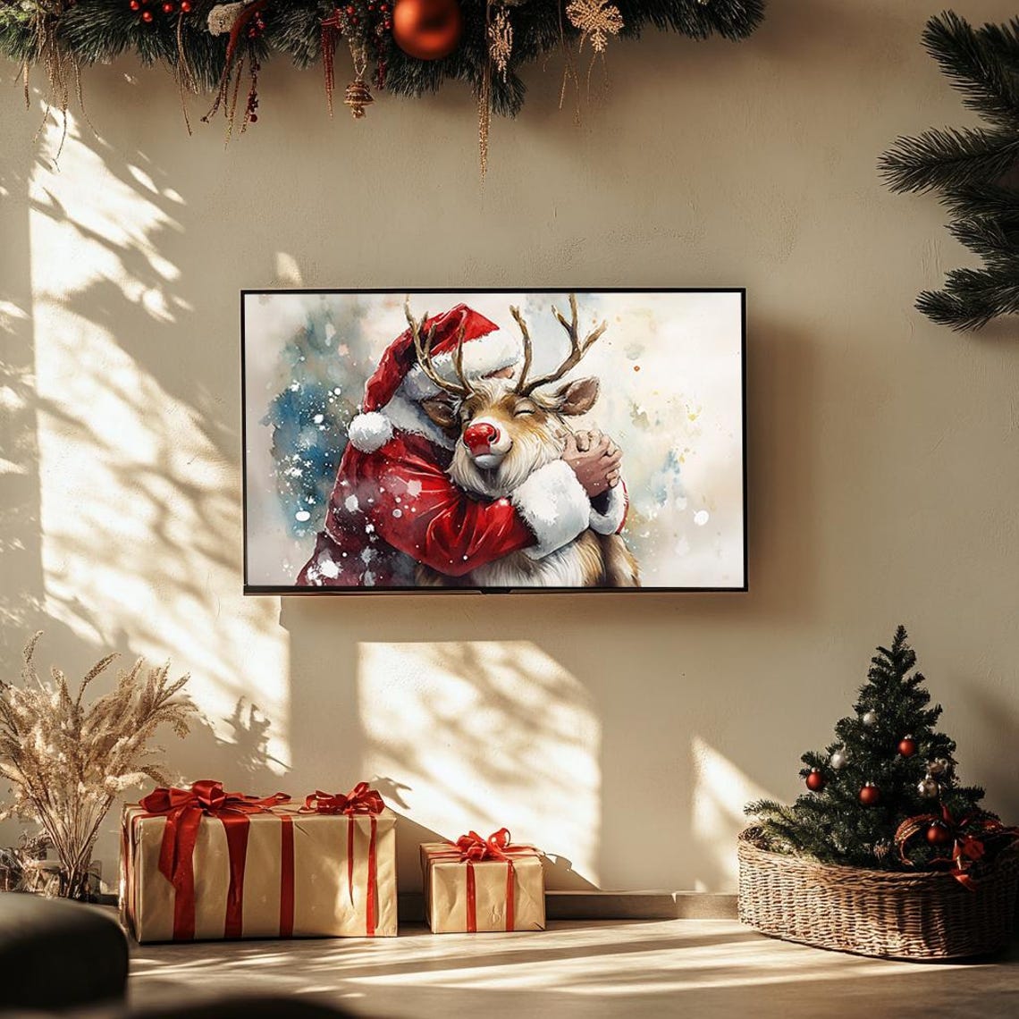Heartwarming Santa Hugging Reindeer Watercolor Christmas Poster - Image 3