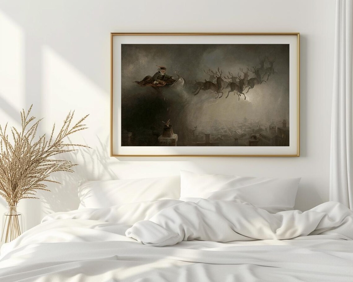 Santa Claus Flying Sleigh Reindeer Over City Vintage Painting Poster - Image 2
