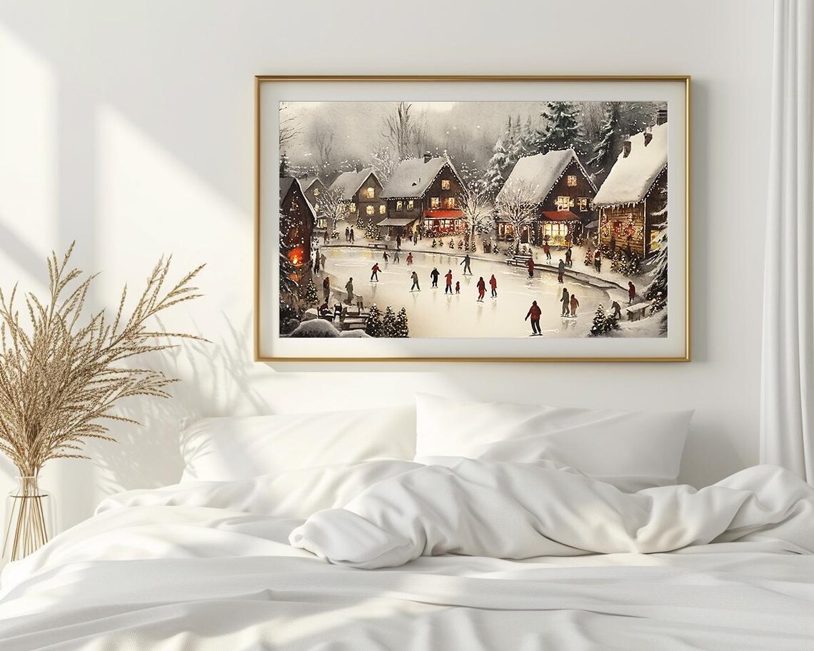 Christmas Village Ice Skating Watercolor Festive Winter Scene Poster - Image 2