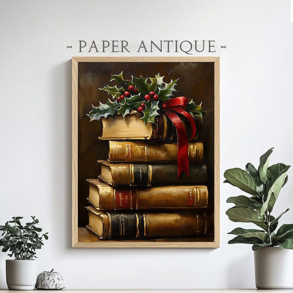 Vintage Books Stack With Holly And Red Ribbon Christmas Poster