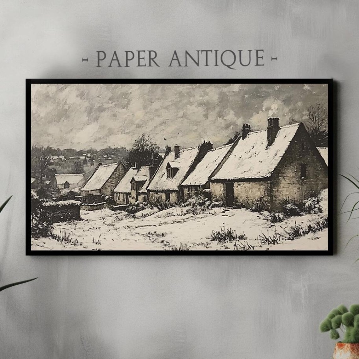 Snowy Cottages Vintage Winter Landscape Muted Oil Painting Cozy Poster
