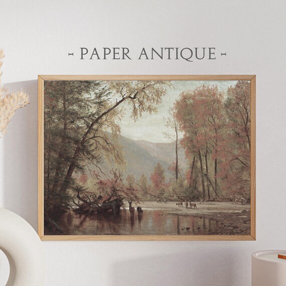 Autumn Deer River Forest Vintage Fall Landscape Oil Painting Poster