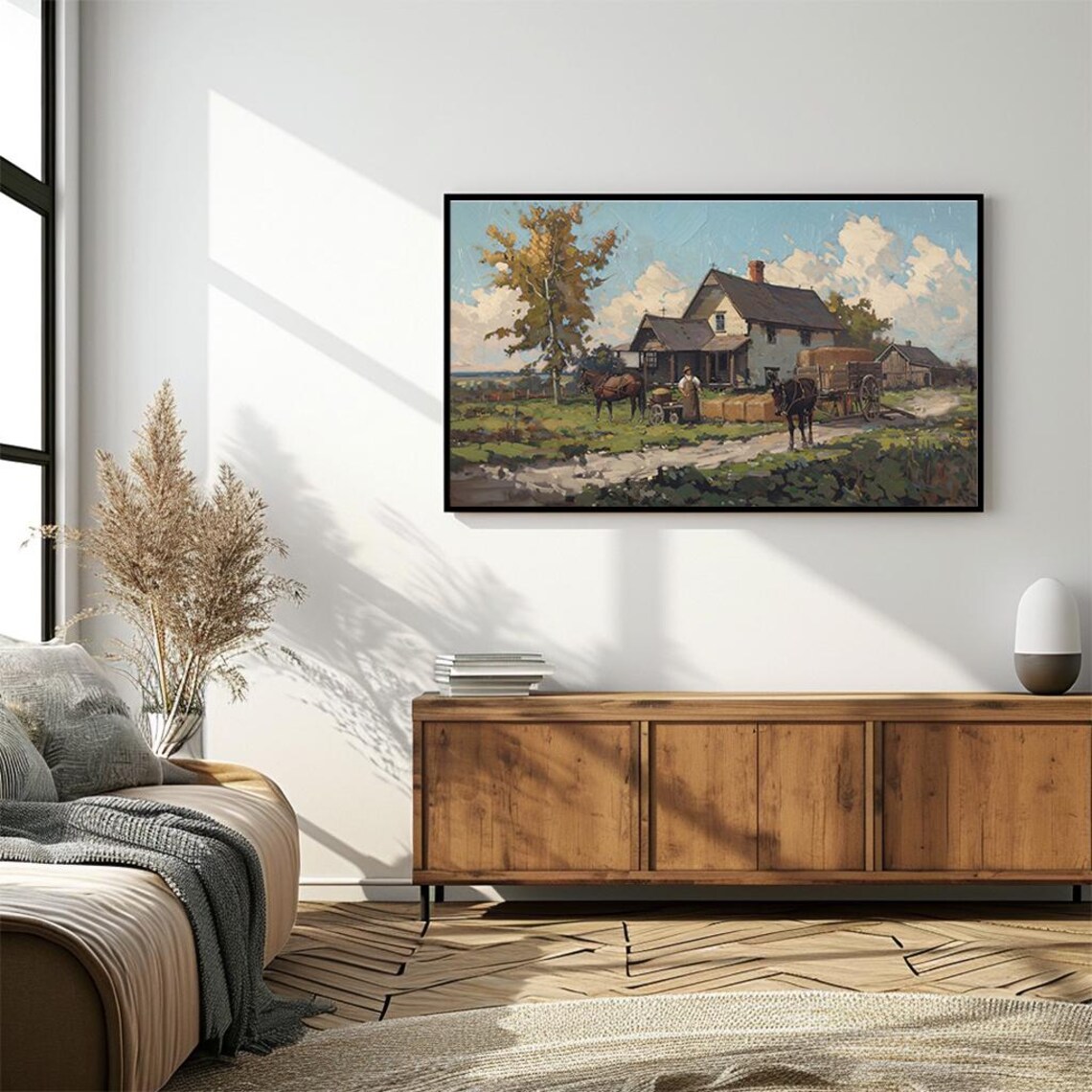 Vintage Farmhouse Horse Wagon Harvest Day Rustic Oil Painting Poster - Image 4
