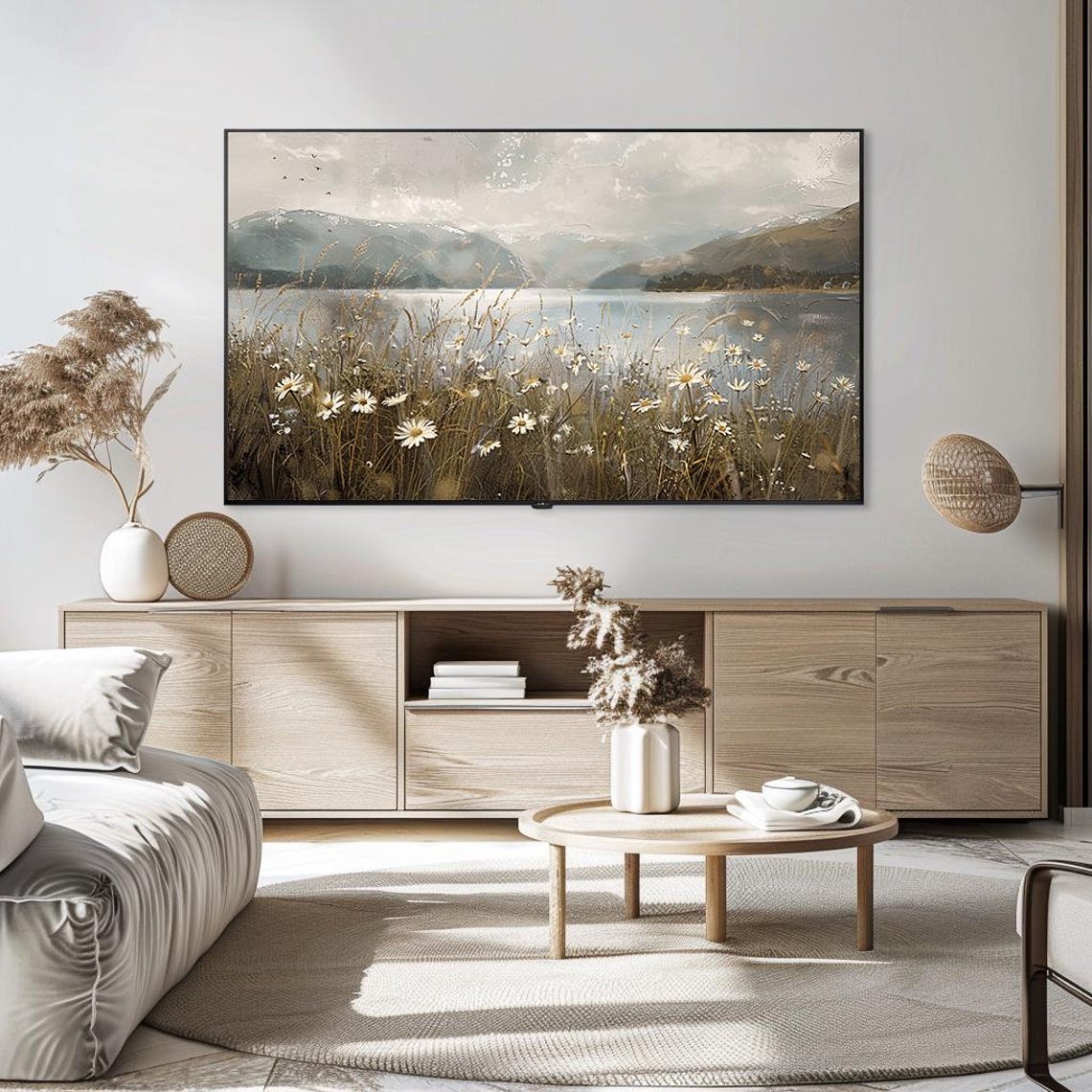Serene Misty Lake with Wild Daisies Mountain View Landscape Poster - Image 5