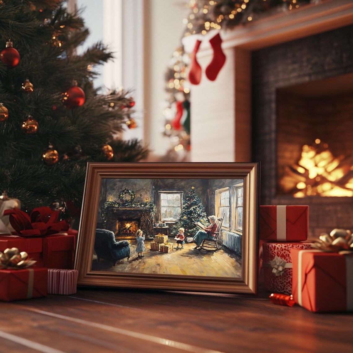 Grandmother Reading to Children by Fireplace Christmas Evening Poster - Image 3