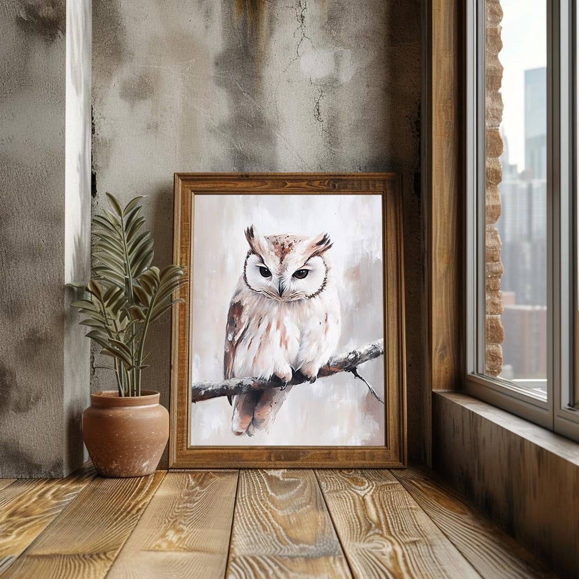 White Owl Perched on Snowy Branch Soft Winter Wildlife Painting Poster - Image 3