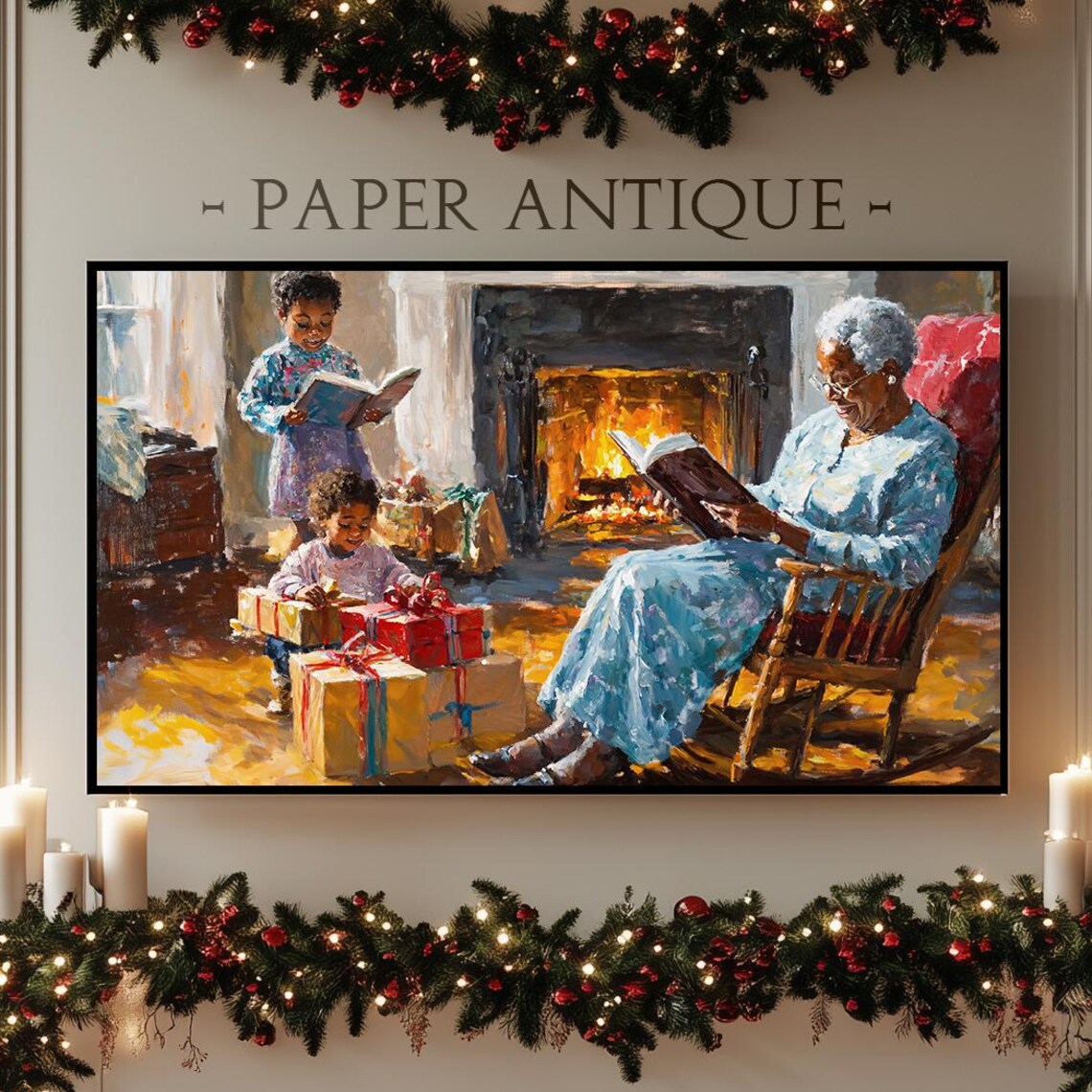 Family Christmas by Fireplace Heartwarming Holiday Painting Poster