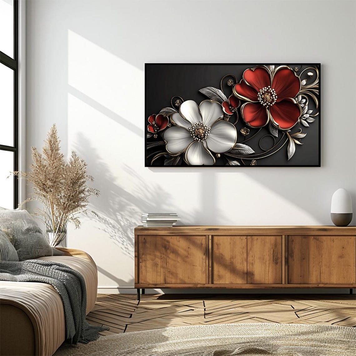 Red White Metallic Flowers Black Background 3D Floral Art Poster - Image 4