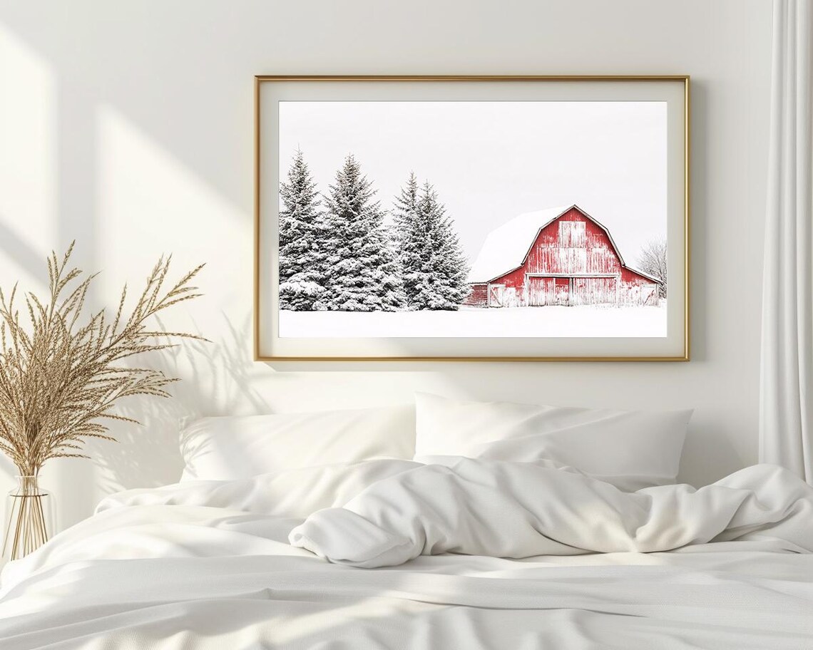 Red Barn In Snow Minimalist Winter Photography Snowy Pines Poster - Image 2