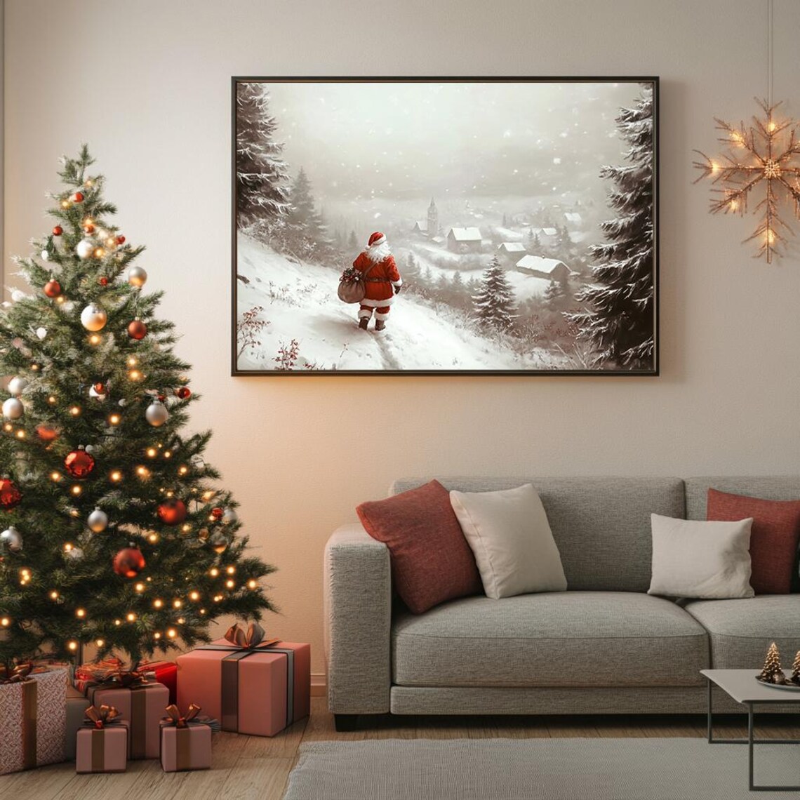 Santa Claus Snowy Village Walk Vintage Christmas Landscape Poster - Image 5