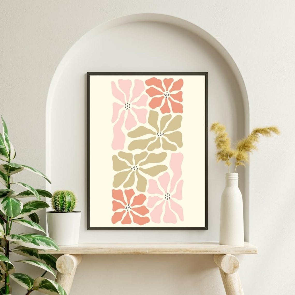 Retro Abstract Flowers Pink Coral Botanical Pattern Wall Poster