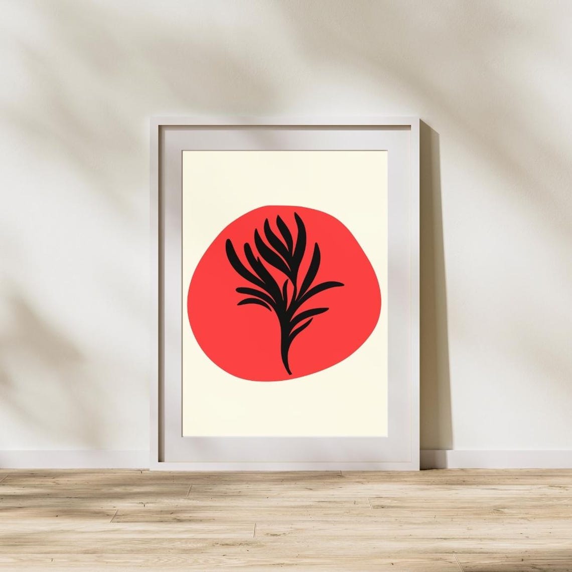 Red Circle Black Botanical Leaves Minimalist Japandi Wall Poster