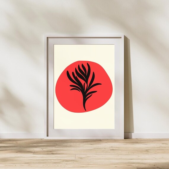 Red And Black Botanical Wall Art Minimalist Abstract Modern Floral Print Trendy Poster For Home Living Room Decor