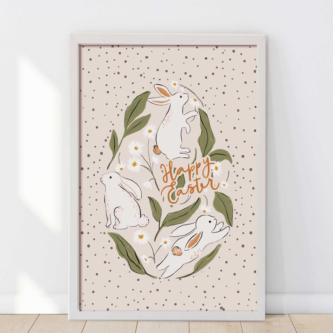 Happy Easter Bunny Rabbits Floral Spring Illustration Poster