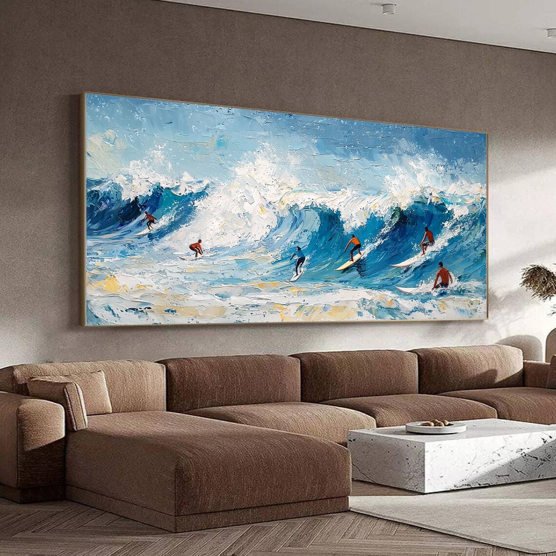 Six Surfers Riding Big Blue Ocean Wave Textured Impasto Sports Poster - Image 3