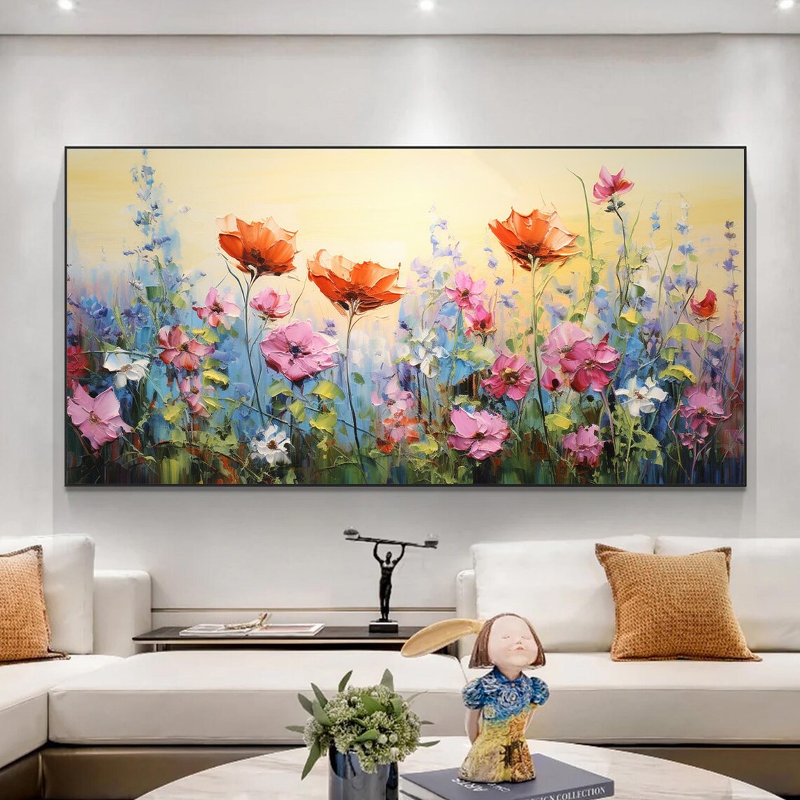 Wildflower Meadow Red Poppies Yellow Sky Abstract Oil Painting Poster