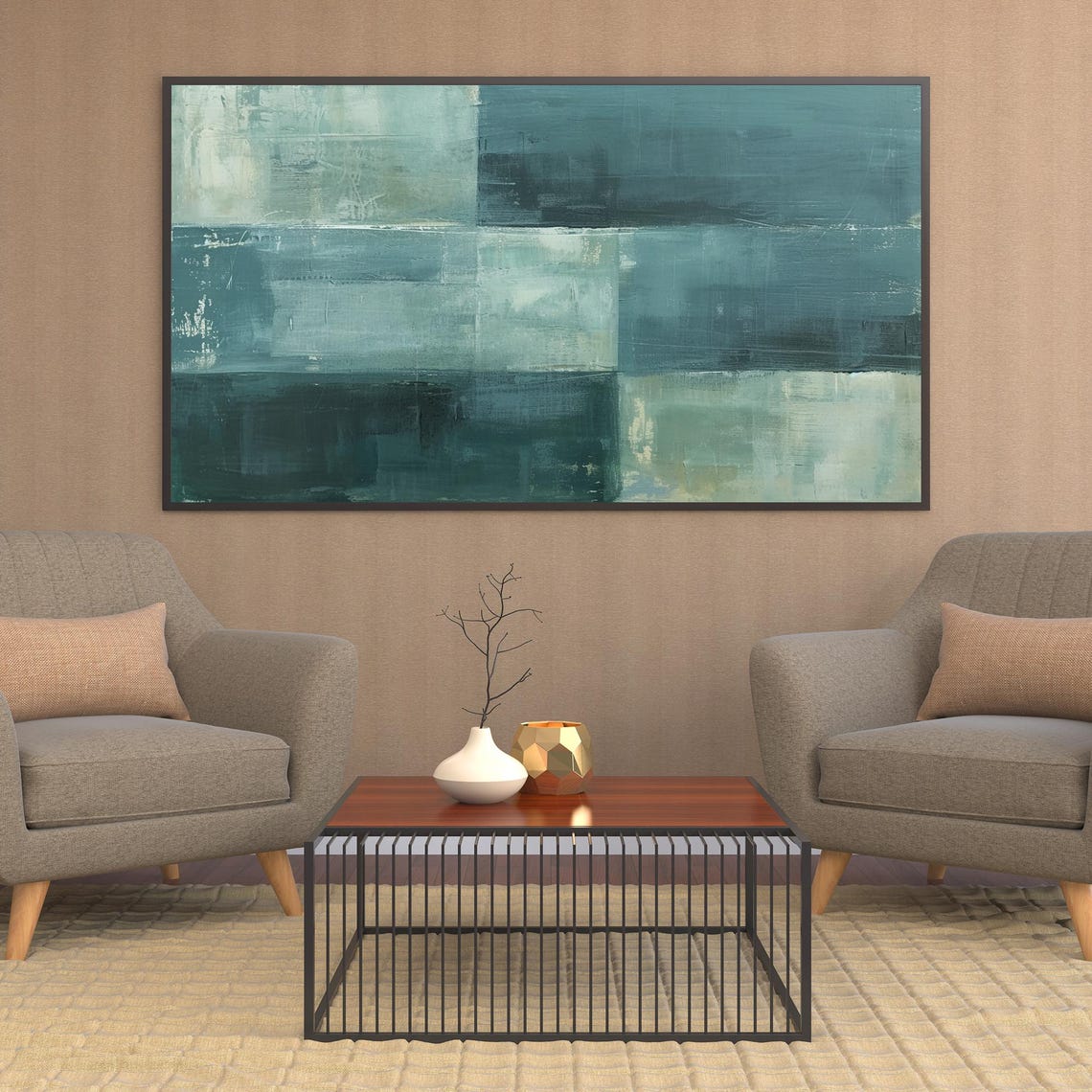 Abstract Teal Green Blocks Modern Minimalist Painting Living Room Art - Image 2