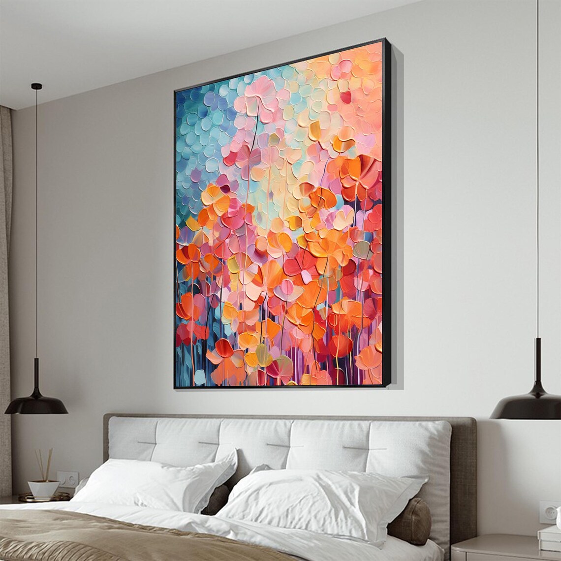 Pink Orange Blossoms Abstract Impasto Flower Field Oil Painting Poster - Image 3