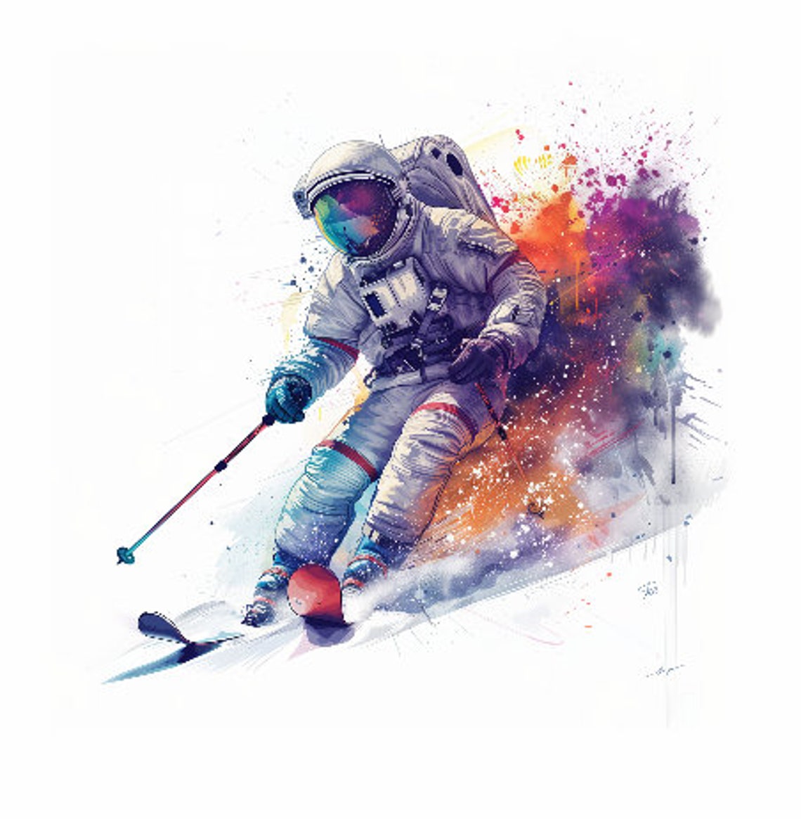 Astronaut Skiing In Watercolor With Cosmic Paint Splash Poster - Image 2