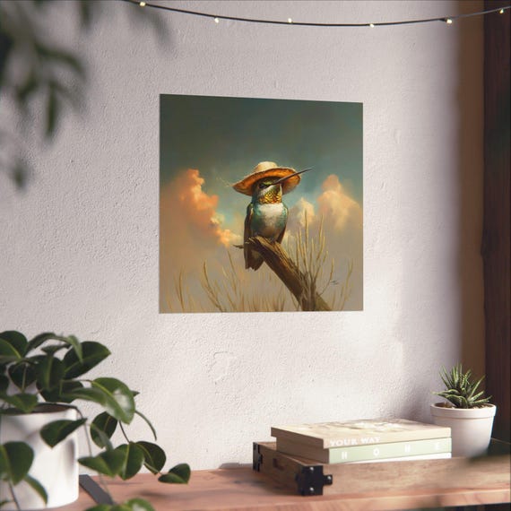 Cowboy Hummingbird Maximalist Eclectic Western Poster Print Bold Altered Party Animal Portrait Fantasy Colorful Renaissance Rustic