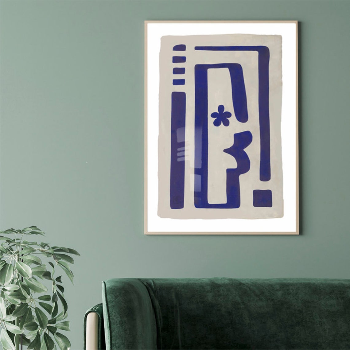 Cobalt Blue Geometric Abstract Ancient Shapes Beige Ground Poster - Image 2