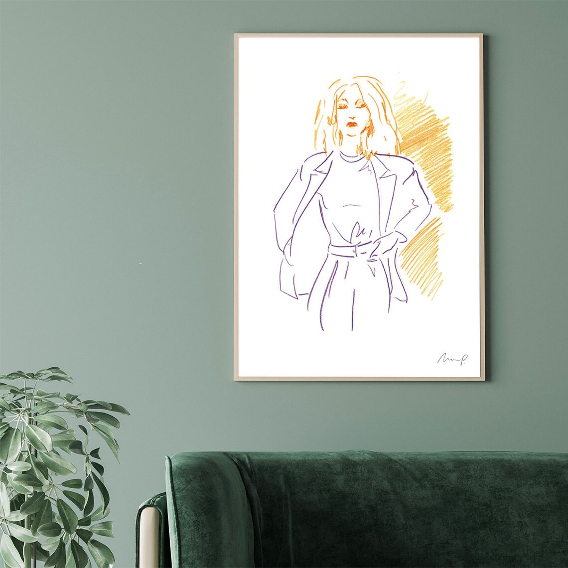 Chic Fashion Line Drawing Woman Blazer Crayon Sketch Art Poster - Image 2