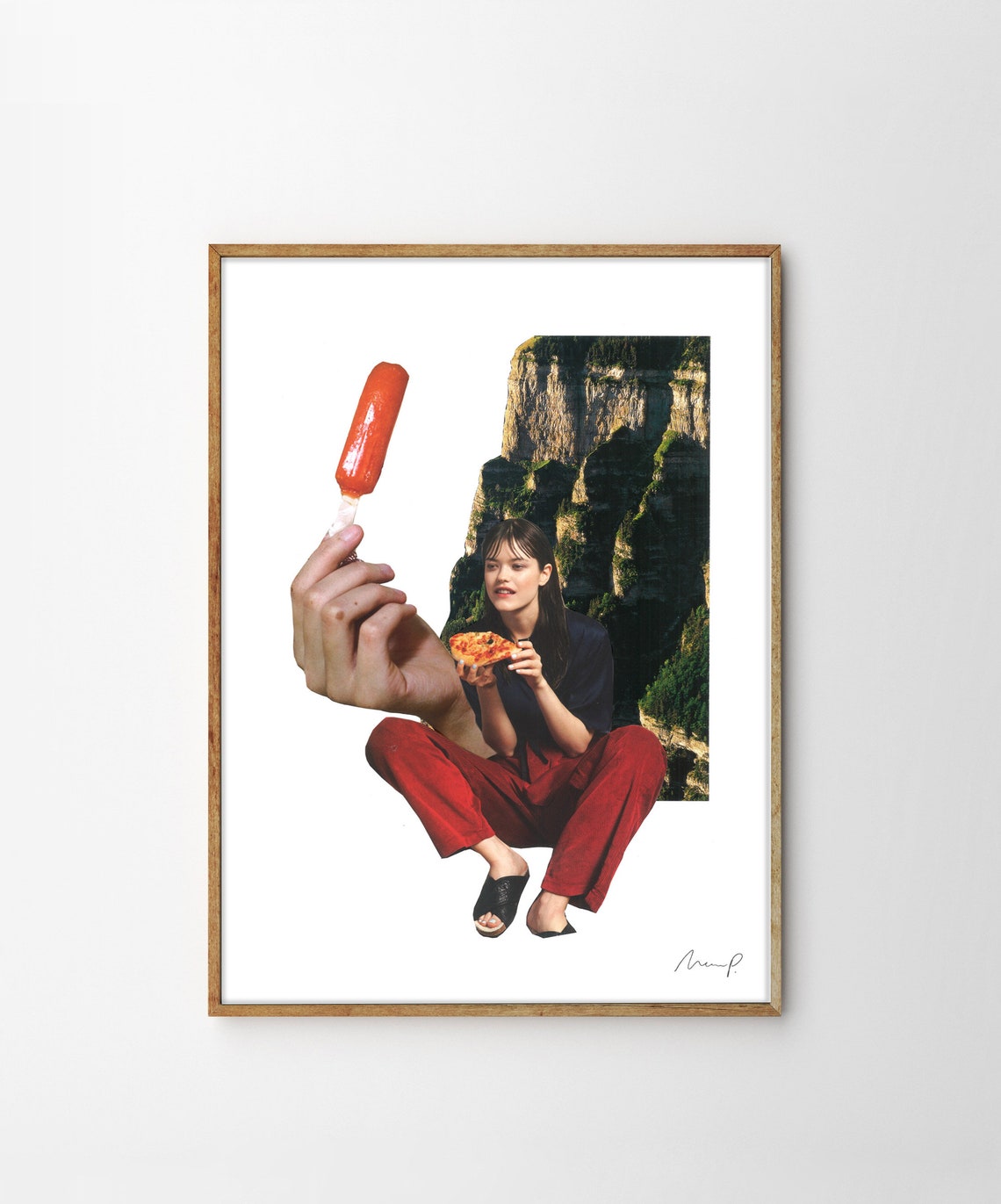 Surreal Collage Woman Eating Pizza Giant Hand Popsicle Cliff Poster - Image 4