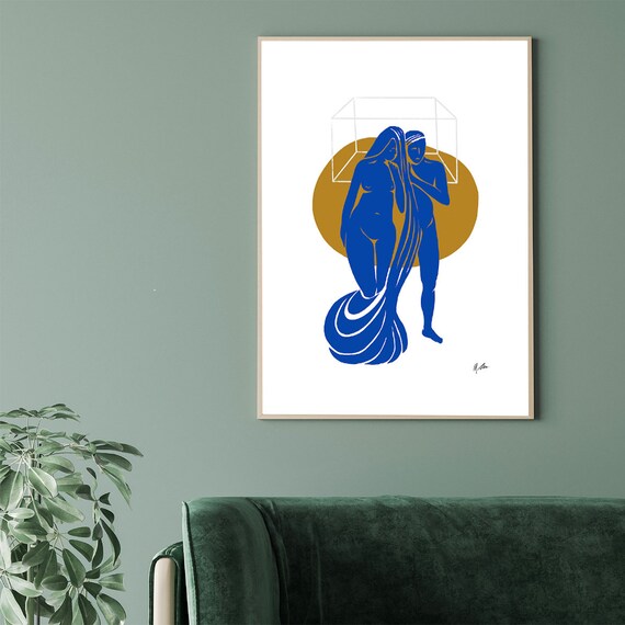 Tender Blue Nude Couple Embrace Gold Circle Modern Art Poster
