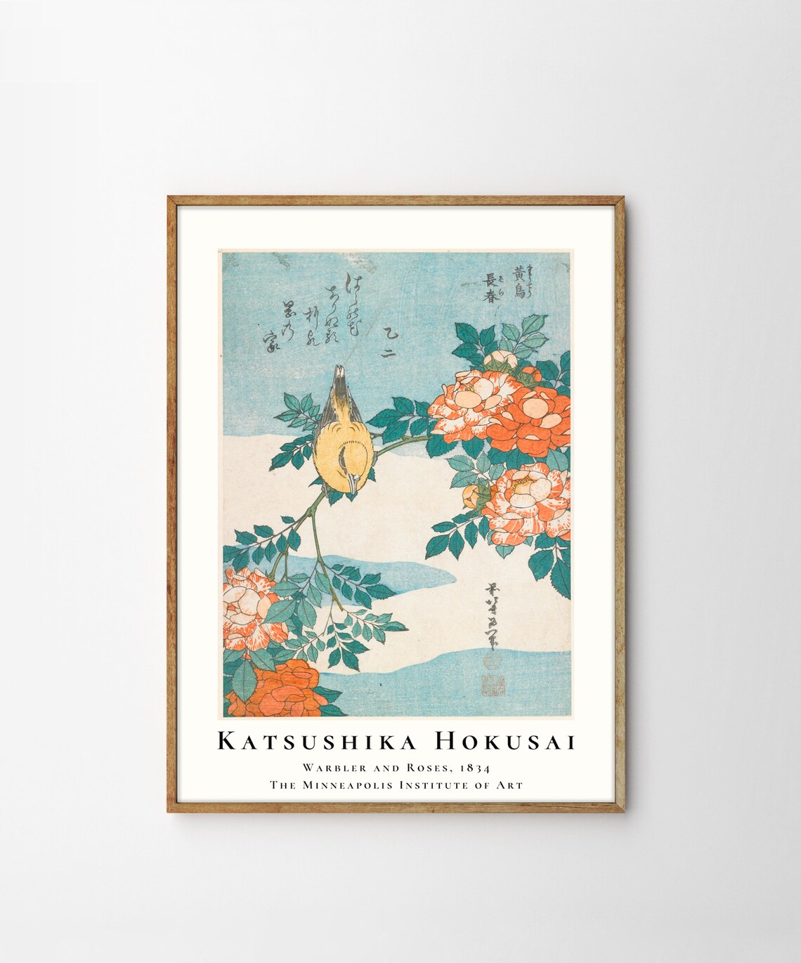 Hokusai Warbler and Roses 1834 Japanese Woodblock Floral Poster - Image 4