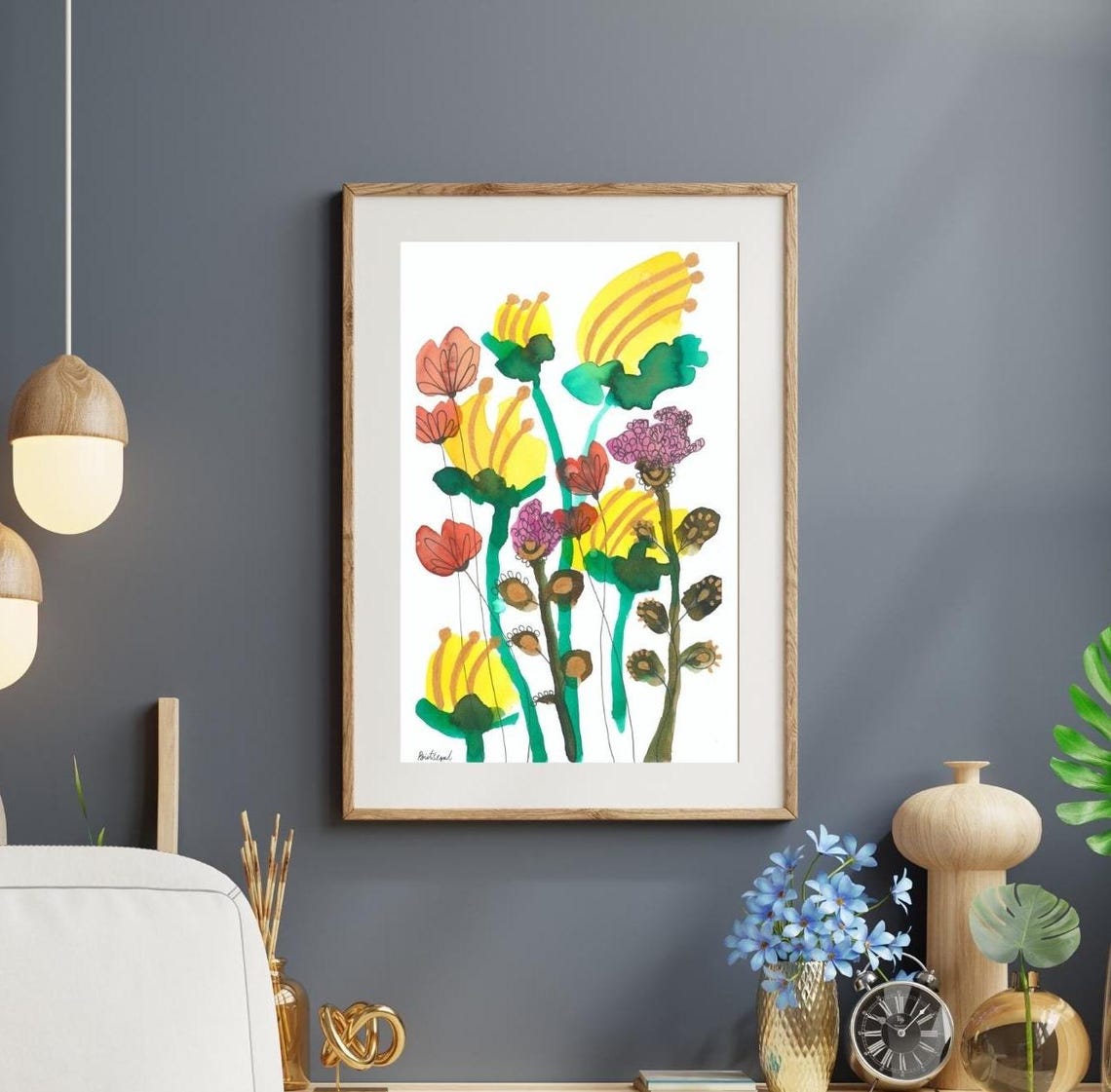 Whimsical Yellow and Coral Wildflowers Slender Stems Watercolor Poster